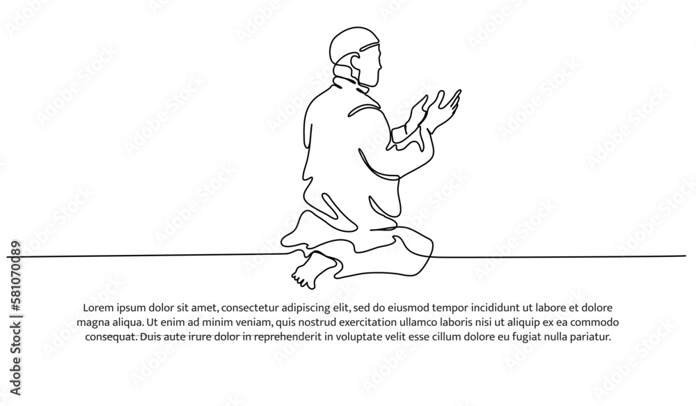 Continuous line design People praying. A muslim praying and reading Al Quran. Decorative elements drawn on a white background.
