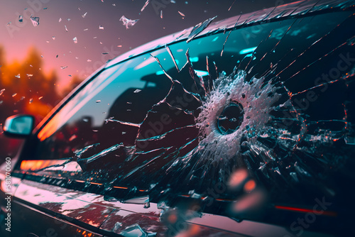 Broken windshield with hail holes, stormy weather. Car insurance. Generative AI photo