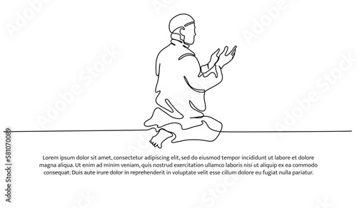 Continuous line design People praying. A muslim praying and reading Al Quran. Decorative elements drawn on a white background.