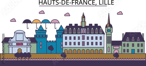 France, Lille tourism landmarks, vector city travel illustration