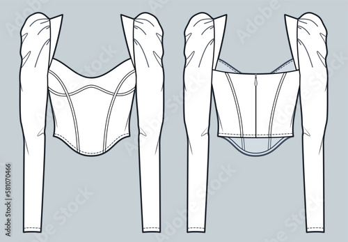 Girl Puff Sleeves Crop Top technical fashion illustration. Women corset Blouse fashion flat technical drawing template, long sleeve, zip-up, slim fit, front and back view, white, women CAD mockup.