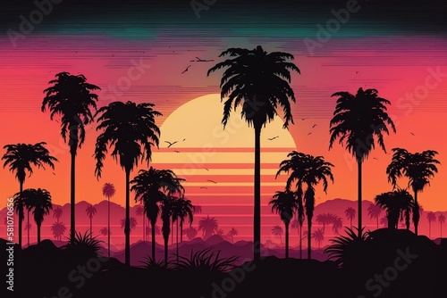 Palm trees in front of a retro sunset as a digital illustration  Generative AI 