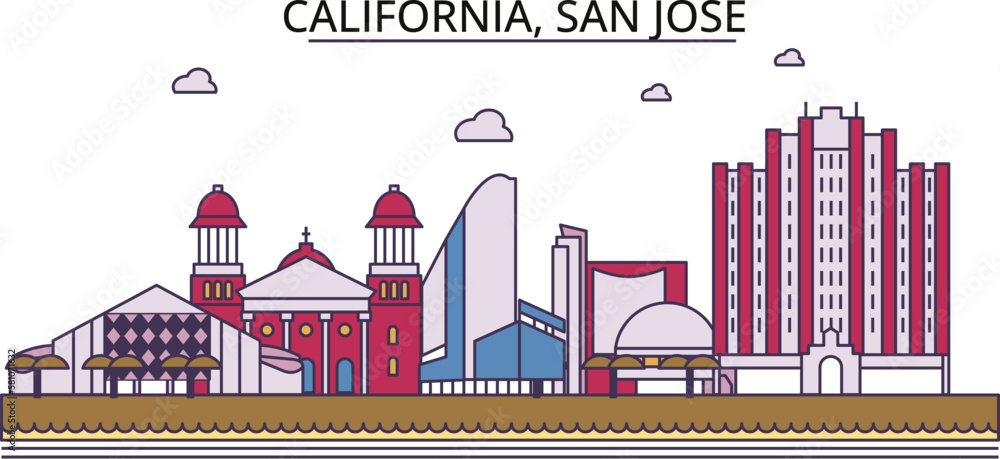United States, San Jose tourism landmarks, vector city travel illustration