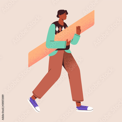 Modern character holding geometric shape. Creative man carrying parallelogram figure in hands, going on abstract business. Happy person with geometry element, unknown item. Flat vector illustration