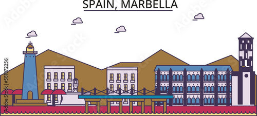 Spain, Marbella tourism landmarks, vector city travel illustration