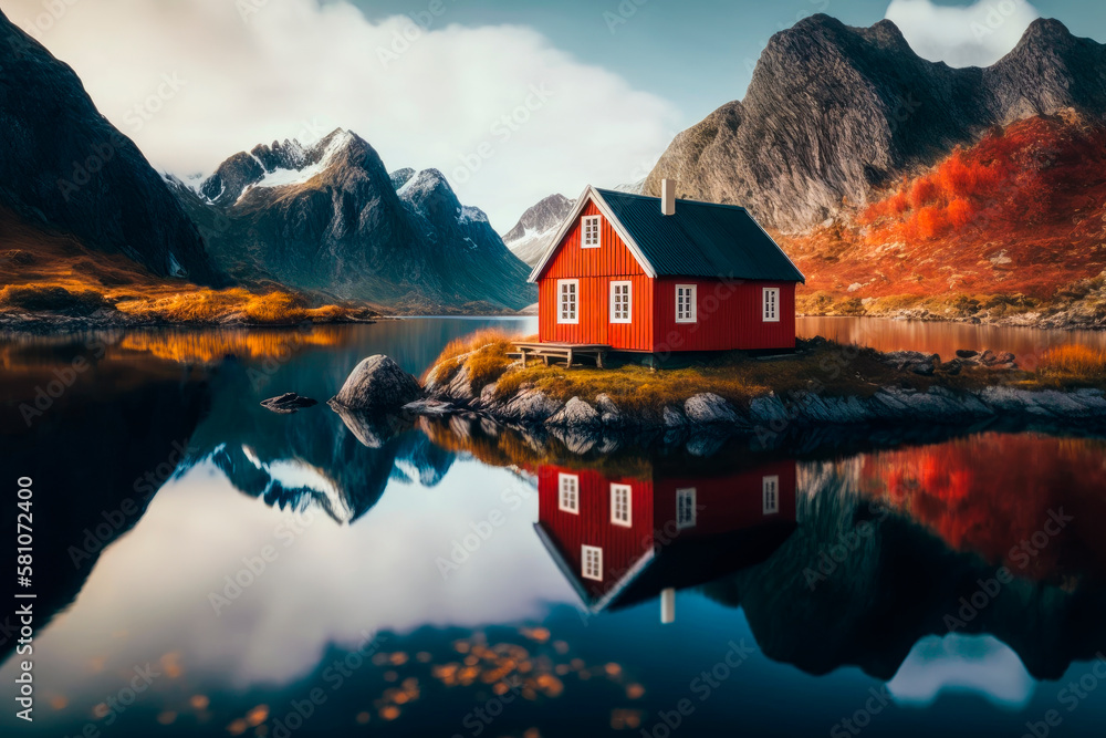 Fototapeta premium Cute red cottage on small island. AI generated.