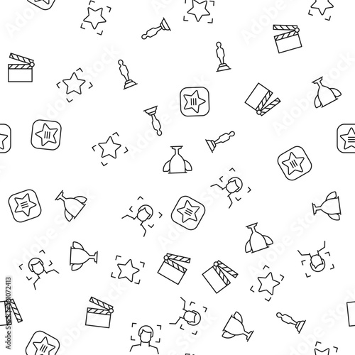 Vector seamless pattern of statuette, winner cup, stars, clapper board is made of various element