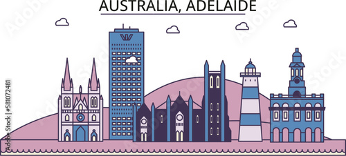Australia, Adelaide tourism landmarks, vector city travel illustration