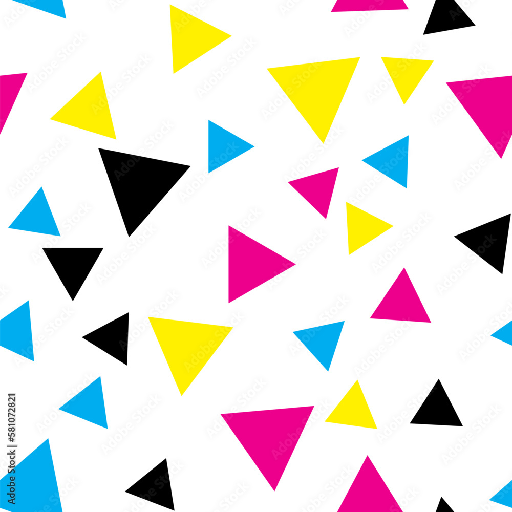 Geometric seamless pattern of black, yellow, green, purple triangles for textile, paper and other surfaces Geometric seamless pattern of black, yellow, green, purple triangles for textile, paper and other surfaces