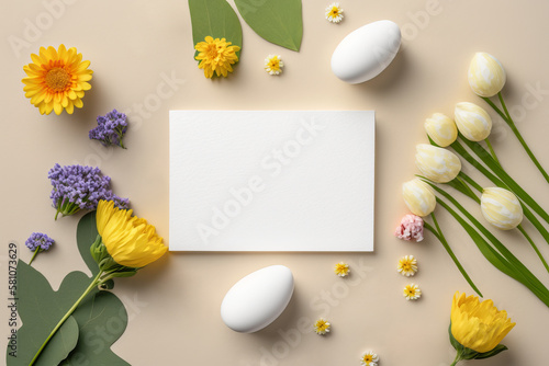 Creative easter flat lay design with white paper blank and spring flowers. Generative AI
