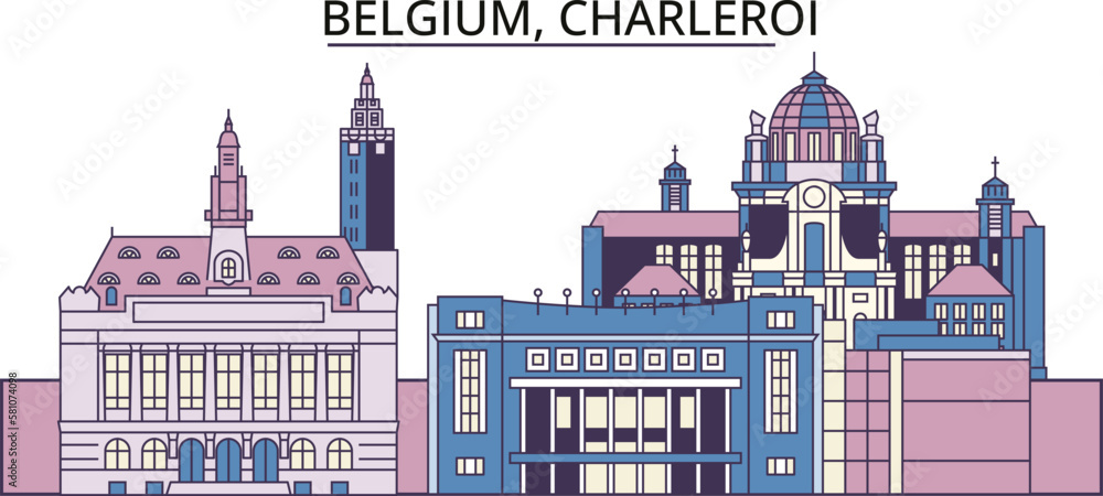 Belgium, Charleroi tourism landmarks, vector city travel illustration