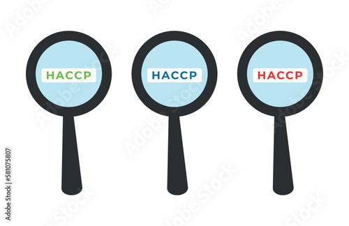 Set of magnifying glasses with the word HACCP. Food safety check. Hazard and Critical Control Point Analysis
