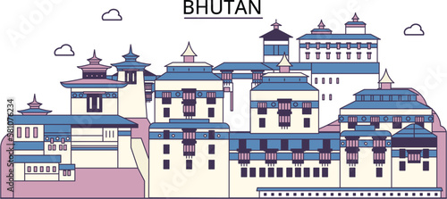 Bhutan tourism landmarks, vector city travel illustration