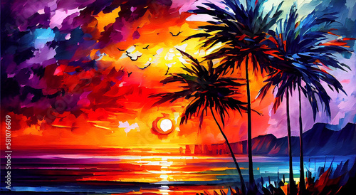 A stunning sunset over the ocean, with silhouetted palm trees in the foreground and vivid, bold colors in the sky, generative ai illustration