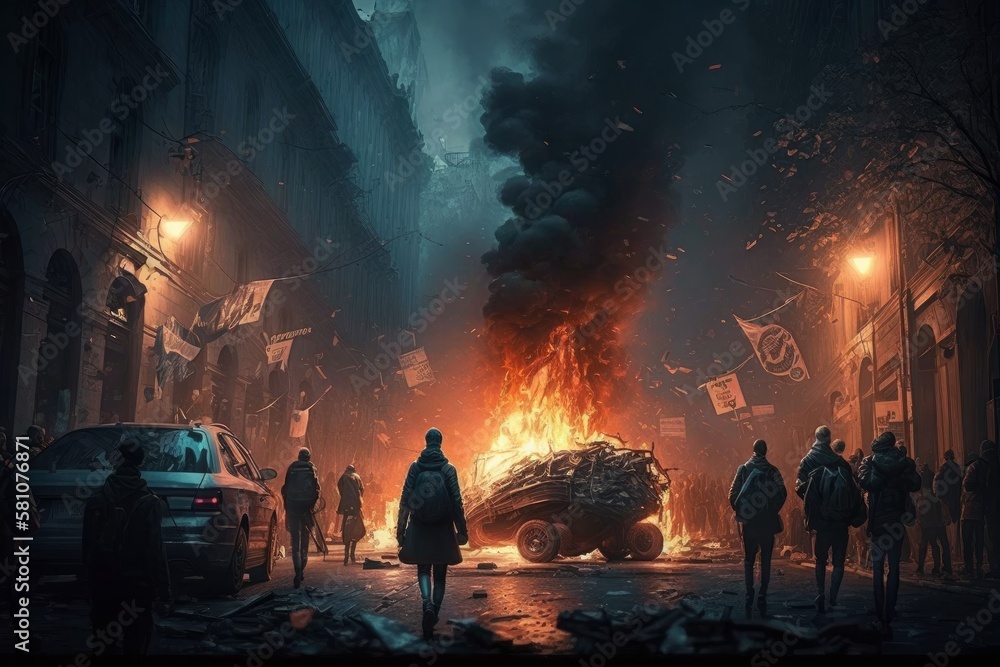 Fototapeta premium Demonstrators with burning streets and barricades. A man sees the burning street burning (Generative AI)