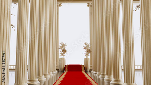 3D render of red carpet leading to shaining door, black columns photo