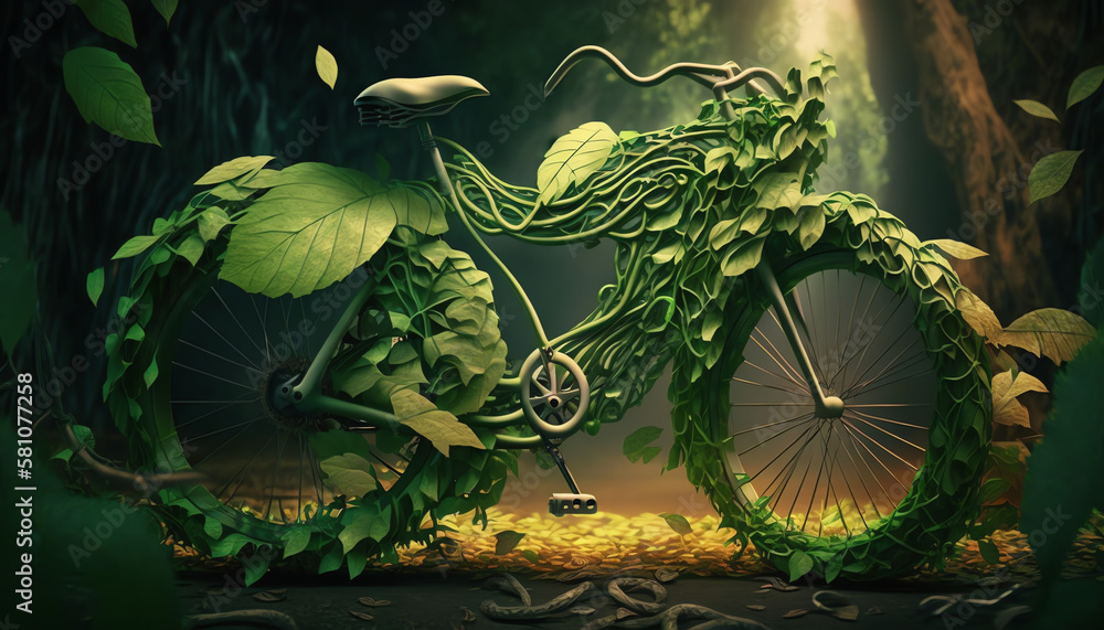 Bicycle covered with green leaf tendril, eco and environment concept, sustainable transport and travel, earth day
