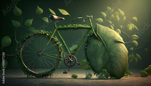 Bicycle covered with green leaf tendril, eco and environment concept, sustainable transport and travel, earth day