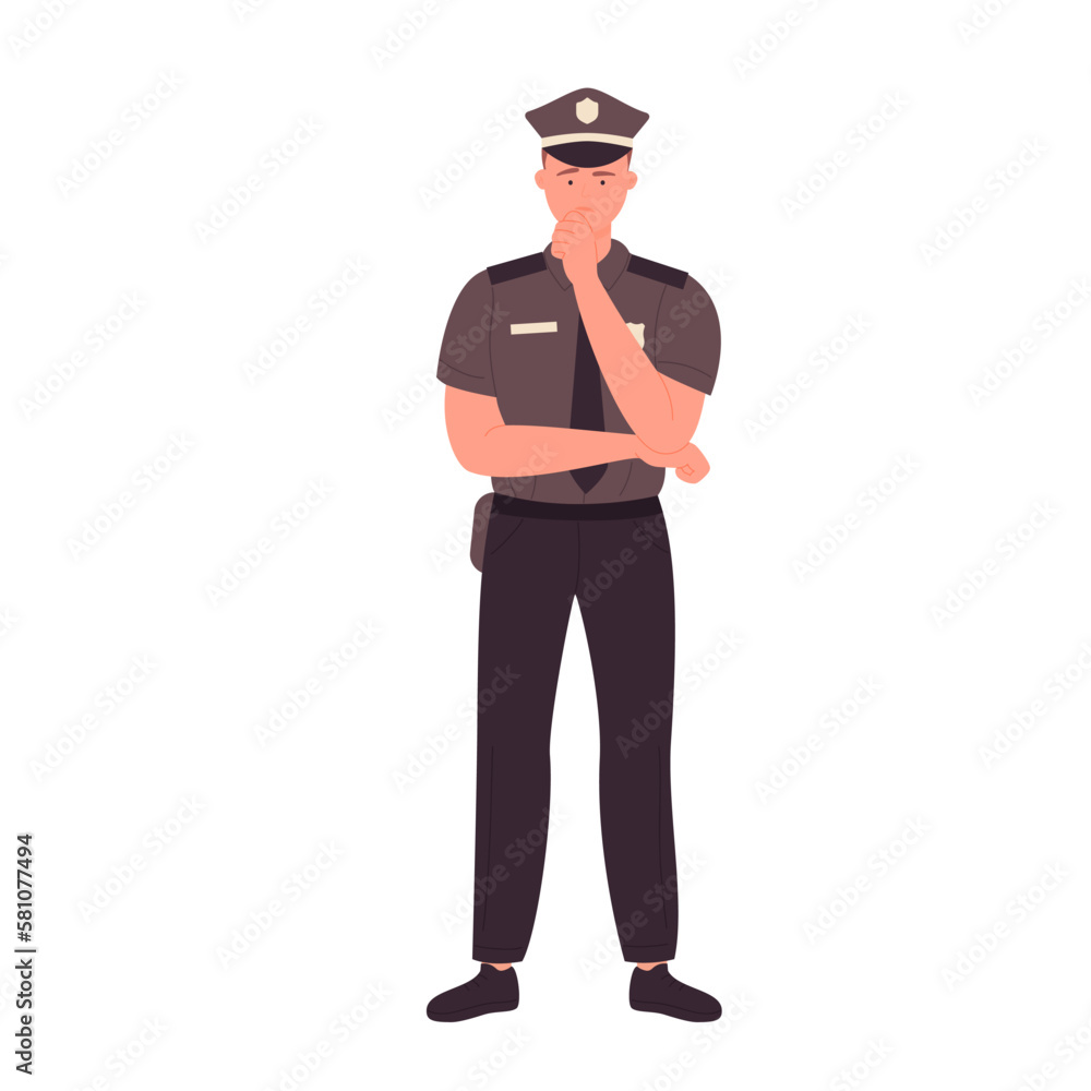 Confused standing policeman. Police officer in thinking pose vector illustration