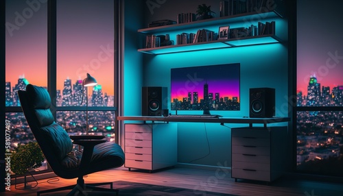 A computer desk and a bookcase are seen in a 3D picture of a modern room at night. Generative Ai.