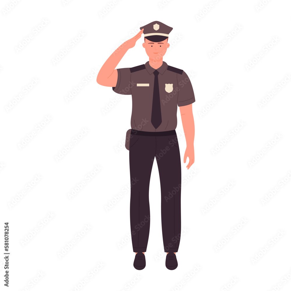 Policeman in salute pose. Standing police officer in standing pose vector illustration Policeman in salute pose. Standing police officer in standing pose vector illustration