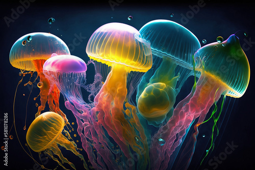 Colorful jellyfish in the aquarium. Generative AI.