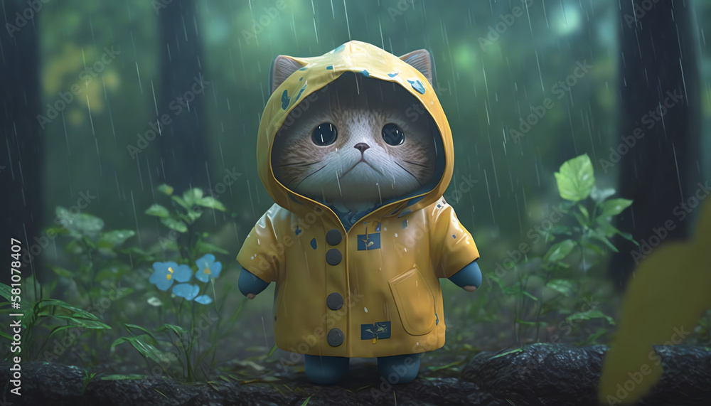 Kawaii cartoon raincoat kitty lost in a forest in the rain