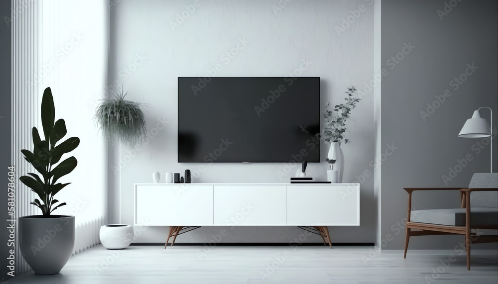 Mockup a cabinet TV wall mounted with armchair in living room with a white cement wall