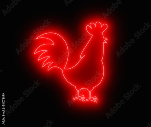 Cute red hen in profile in night light on black background - illustration