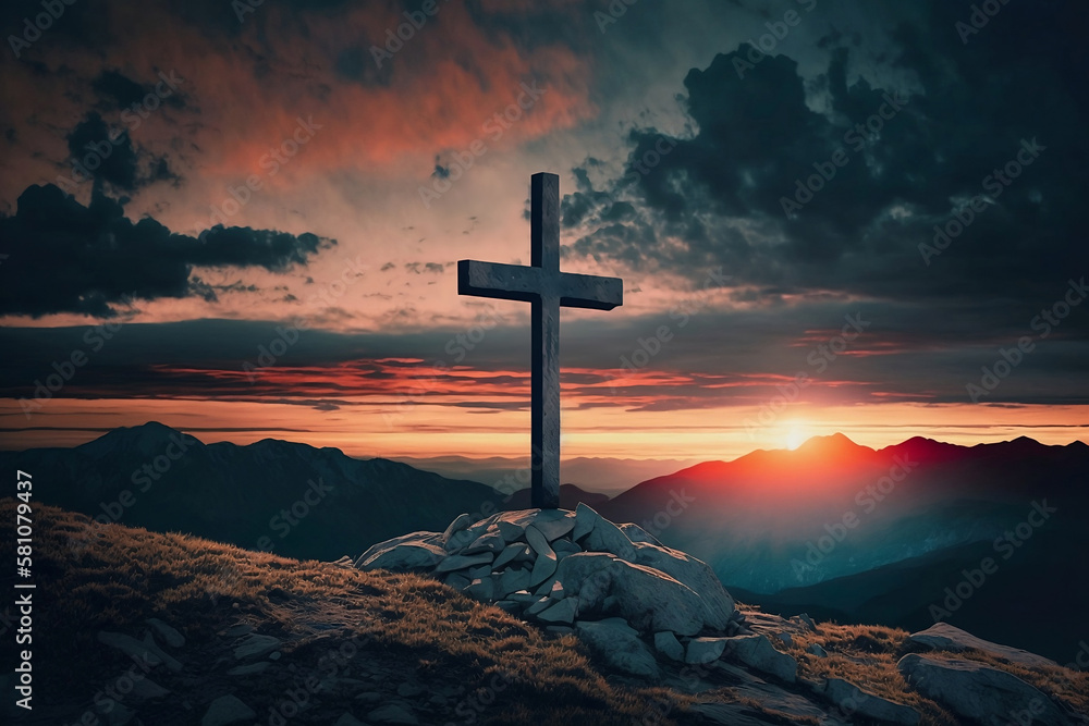 Cross in the mountains at the sunset background. Generative AI. Cross in the mountains at the sunset background. Generative AI.