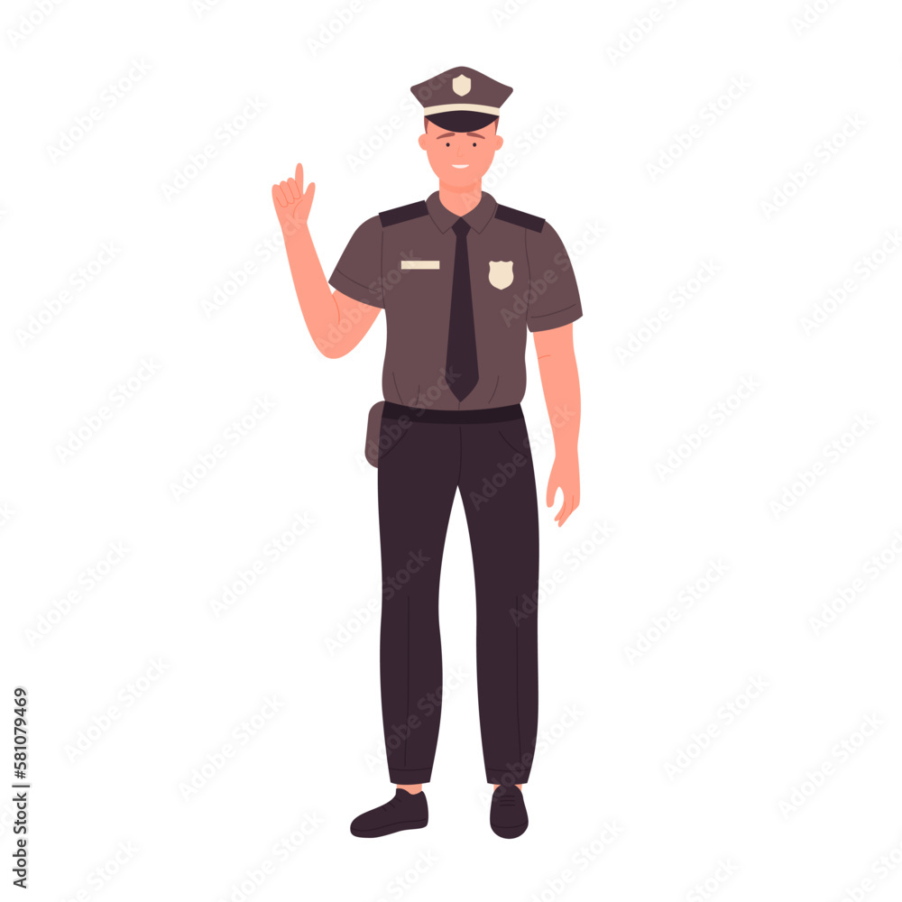 Policeman with pointing finger. Standing police officer in uniform vector illustration