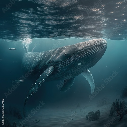 Magestic large whale underwater below surface, AI generative