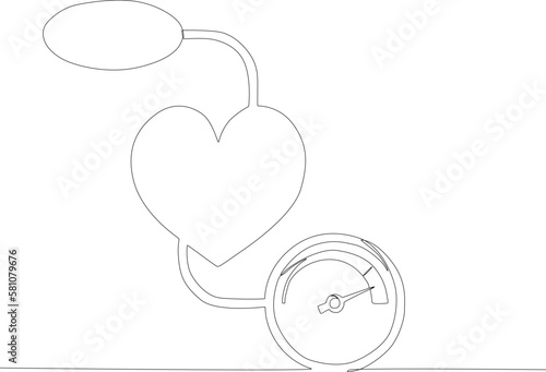 A heart-shaped blood pressure meter. Hypertension one-line drawing