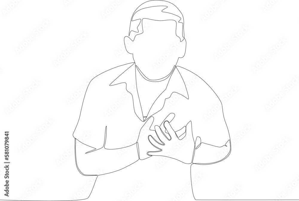 A man holds a sore chest with his hands. Hypertension one-line drawing A man holds a sore chest with his hands. Hypertension one-line drawing