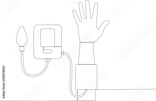 Old blood pressure meter measuring a woman. Hypertension one-line drawing
