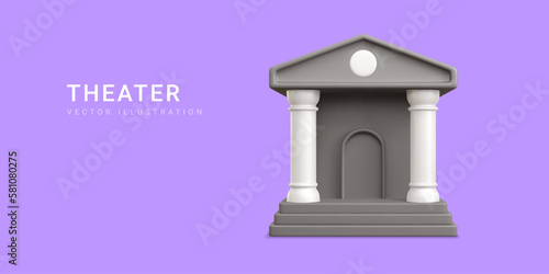 3d realistic theater building with columns on blue background. Vector illustration
