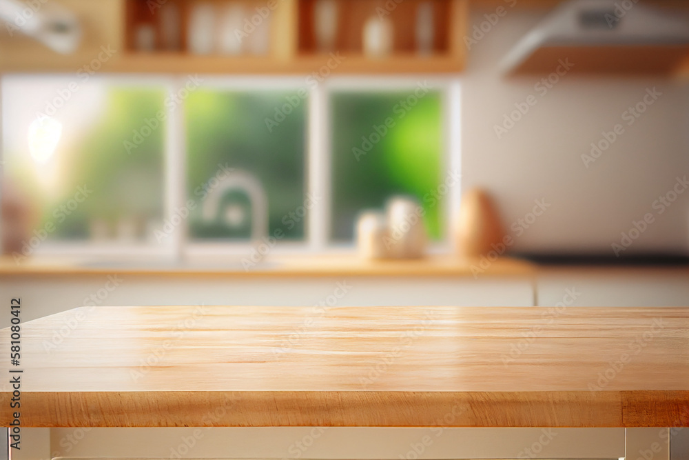 Light Wood Table on Blurred Kitchen Background. generative ai Light Wood Table on Blurred Kitchen Background. generative ai