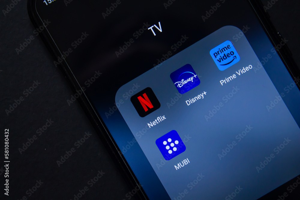 Netflix, Disney Plus, Prime Video and Mubi app icons on a smartphone. Popular streaming platforms. Afyonkarahisar, Turkey - March 14, 2023. 스톡 사진 | Adobe Stock Netflix, Disney Plus, Prime Video And Mubi App Icons On A Smartphone. Popular Streaming Platforms. Afyonkarahisar, Turkey - March 14, 2023. 스톡 사진 | Adobe Stock