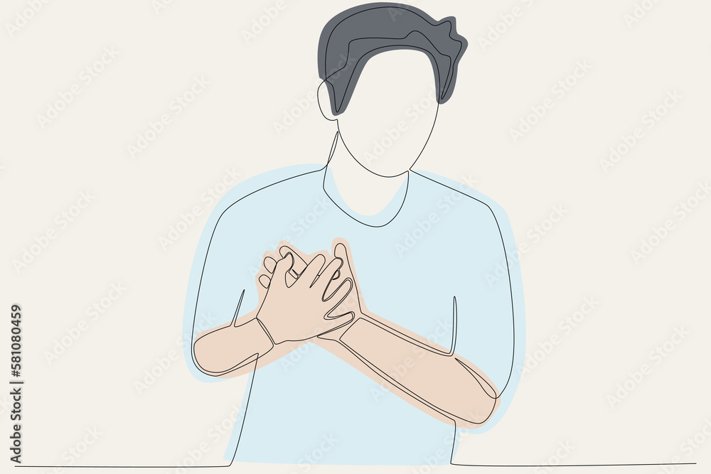 A color illustration of a man feeling pain in the chest. Hypertension one-line drawing A color illustration of a man feeling pain in the chest. Hypertension one-line drawing