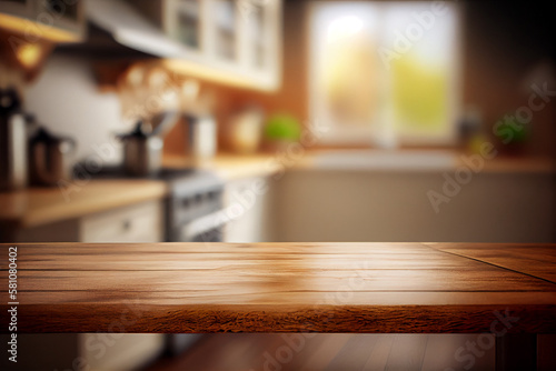 Light Wood Table on Blurred Kitchen Background. generative ai