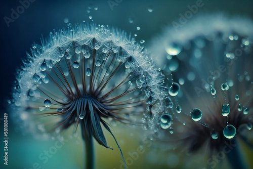Dandelion seeds on blue with droplets. Generative AI.