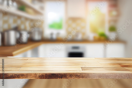 Light Wood Table on Blurred Kitchen Background. generative ai