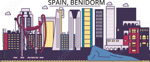 Spain, Benidorm tourism landmarks, vector city travel illustration