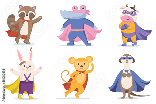 Funny superhero animals icon set concept in the flat cartoon style. Image of various animals in superhero costumes. Vector illustration.