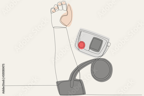 A color illustration of a hand and blood pressure meter. Hypertension one-line drawing