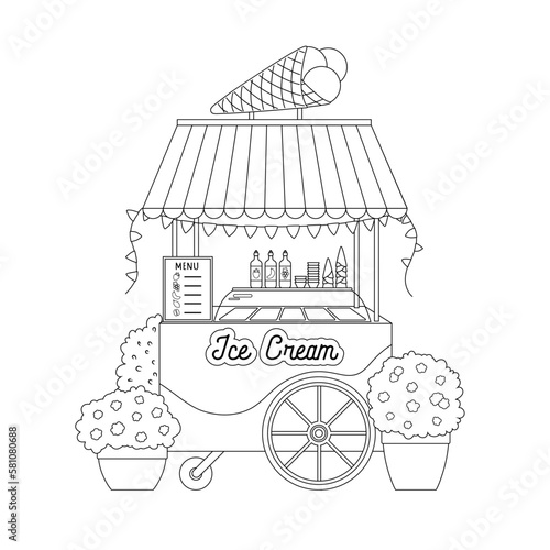 Cute ice cream cart coloring page line art. Summer street food black and white outline. Gelato shop take away ice cream stand with signboard, gelato trays, cones, menu sign, pot flowers, pennants. 