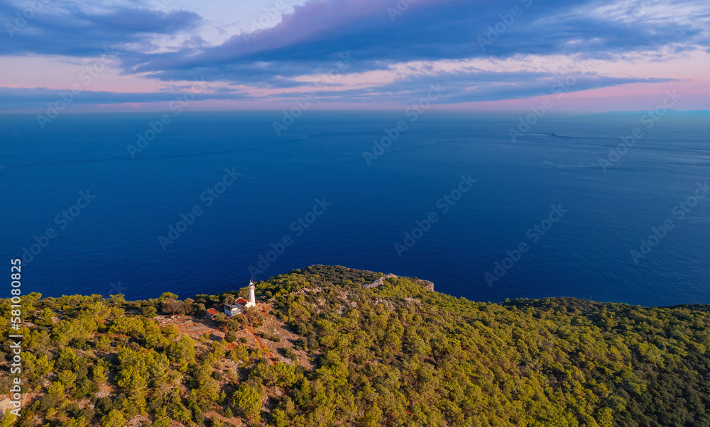 Obraz premium Gelidonya lighthouse on Lycian Way Antalya Aerial Top View sunset light. Concept beauty travel place Turkey
