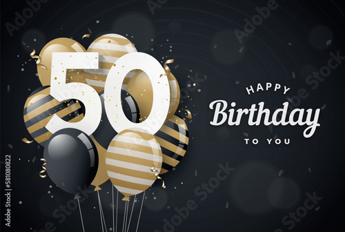 Happy 50th birthday balloons greeting card black background. 50 years anniversary. 50th celebrating with confetti. Vector stock photo