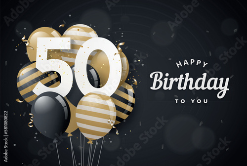 Happy 50th birthday balloons greeting card black background. 50 years anniversary. 50th celebrating with confetti. Vector stock