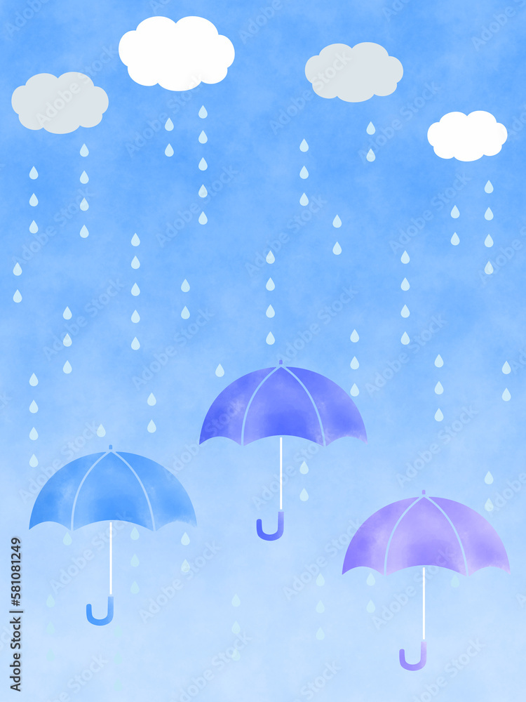 Cloudy sky clouds and rainy season rain drops and a blue watercolor umbrella